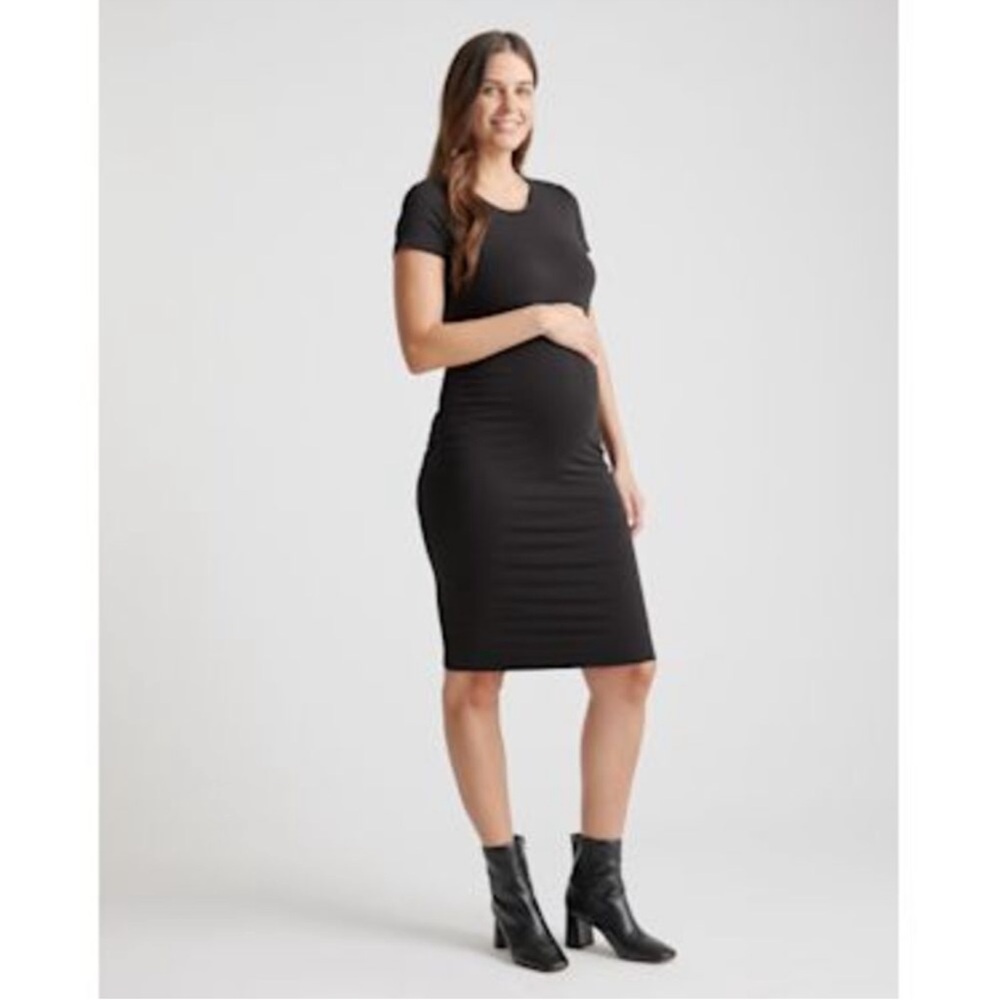Quince Tencel Jersey Maternity Ruched Dress Black Basic Sleeved XS